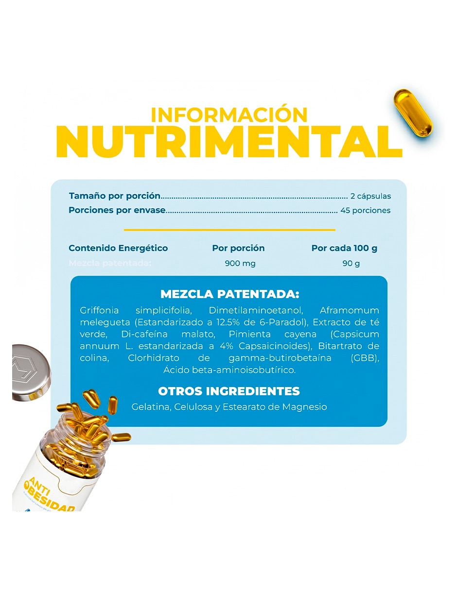 Suplemento alimenticio anti obesidad fórmula inteligente 90 cápsulas generica con cafeína